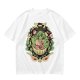 Olive green t-shirt with playful vegetable soup graphic print