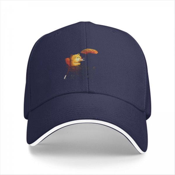 Black Baseball Cap With Relaxed Ginger Cat In Beach Chair Print