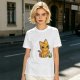 Olive T-shirt with mischievous orange cat knocking over green cup print