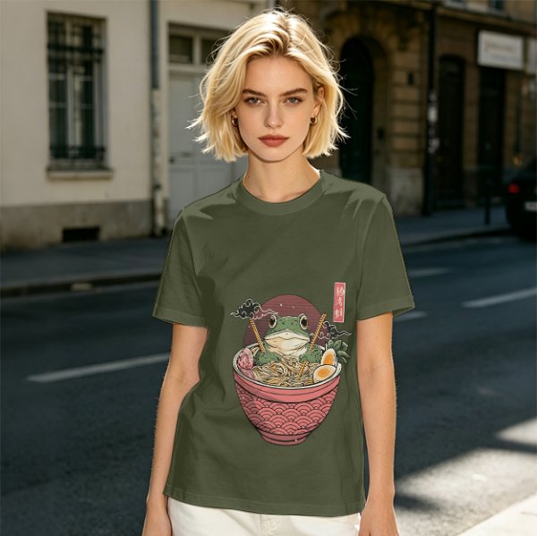 Olive T-Shirt With Frog In Ramen Bowl Japanese Art Print