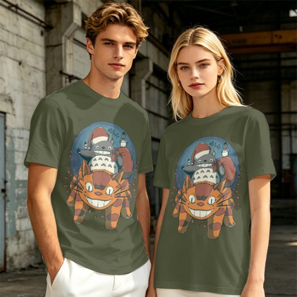 Olive T-shirt with Christmas Totoro Riding Catbus Graphic