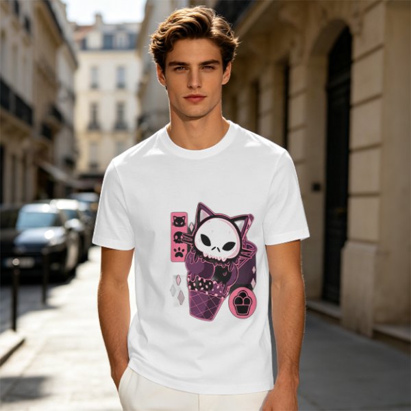 Olive T-Shirt with Skull Cat Ice Cream Graphic Print