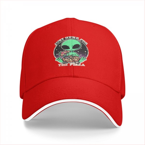 Black baseball cap with alien eating pizza 'Just Here For The Pizza' print