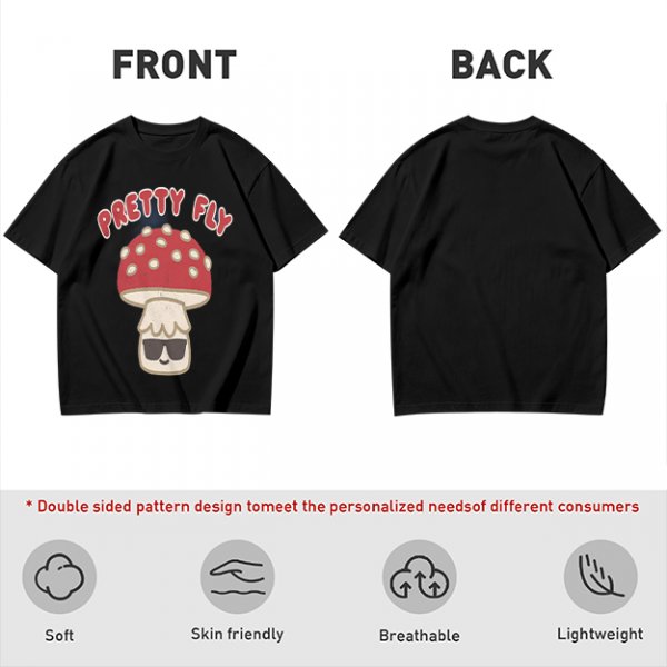 Olive green graphic t-shirt with 'Pretty Fly' and cool mushroom print