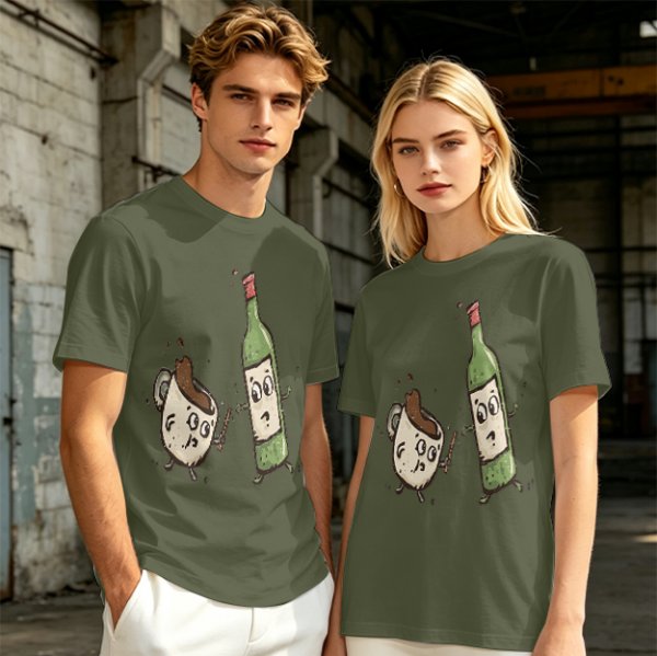 Olive T-Shirt With Cartoon Coffee Mug And Wine Bottle Print