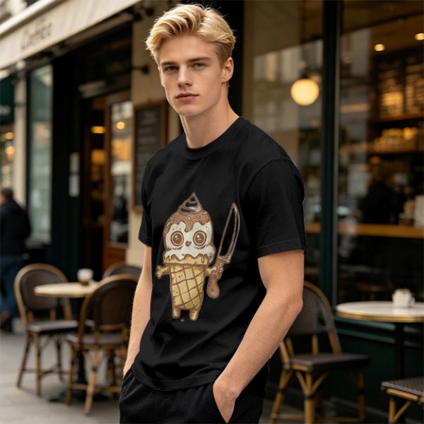 Olive T-Shirt With Cute Ice Cream Cone Holding Knife Print