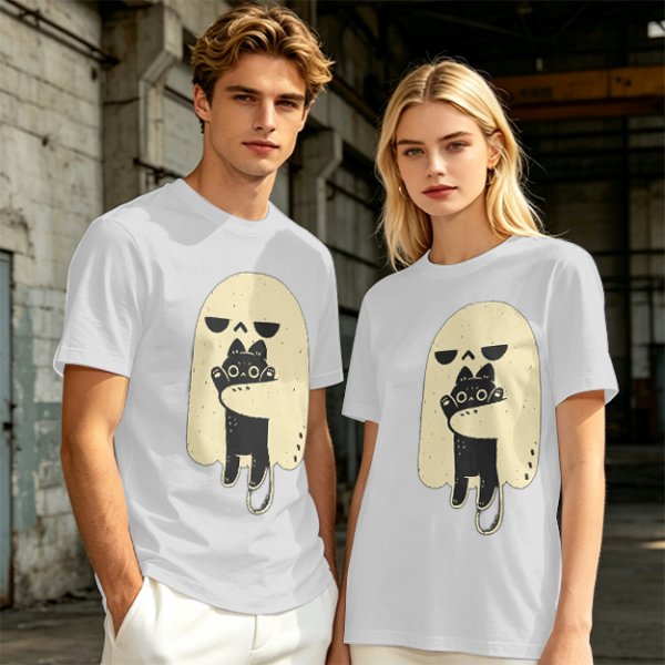 Olive T-Shirt With Ghost Holding Black Cat Graphic