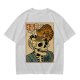 Olive t-shirt with a skull ramen bowl and a napping tabby cat print