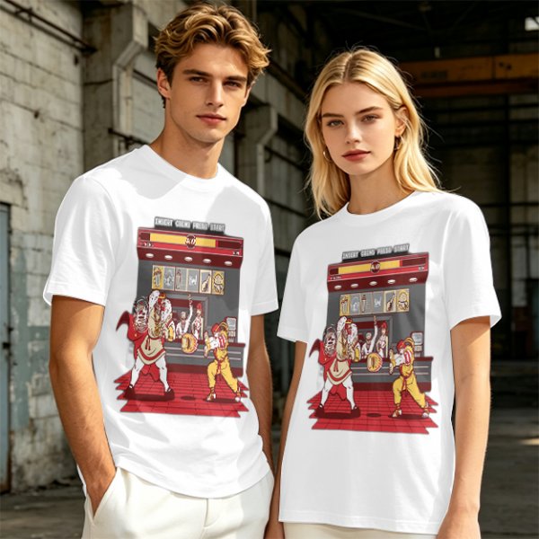 Olive T-shirt with Fast Food Themed Street Fighter Style Fight Artwork