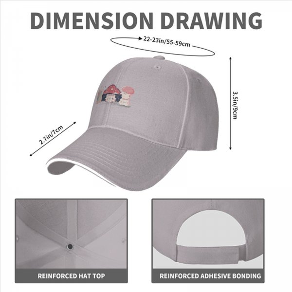 Black baseball cap with cute mushroom creature graphic print