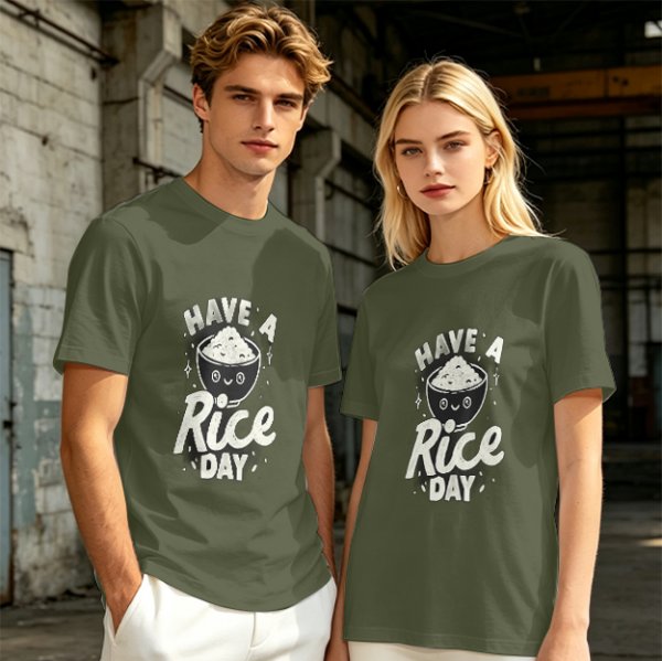 Olive t-shirt with 'Have a Rice Day' and cute rice bowl graphic