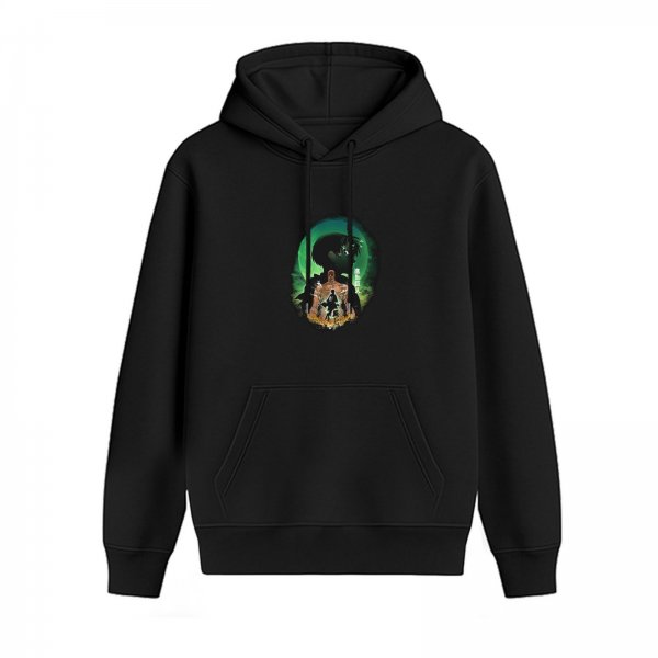 Black hoodie with anime character silhouette graphic print