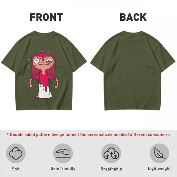 Olive Green T-Shirt With Creepy Cartoon Girl Print