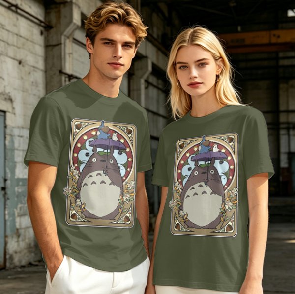 Olive Green T-Shirt With My Neighbor Totoro Art Nouveau Print