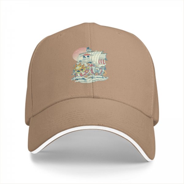 Black Baseball Cap with Anime Pirate Ship Graphic Print