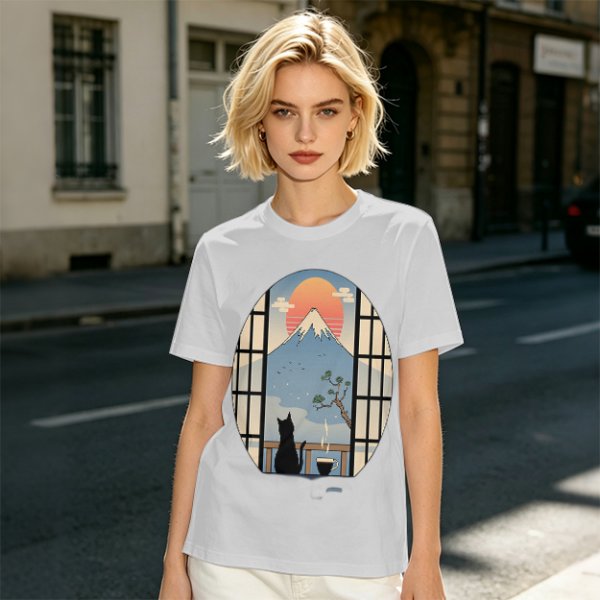 Olive T-shirt with Black Cat Viewing Mount Fuji Sunrise Art
