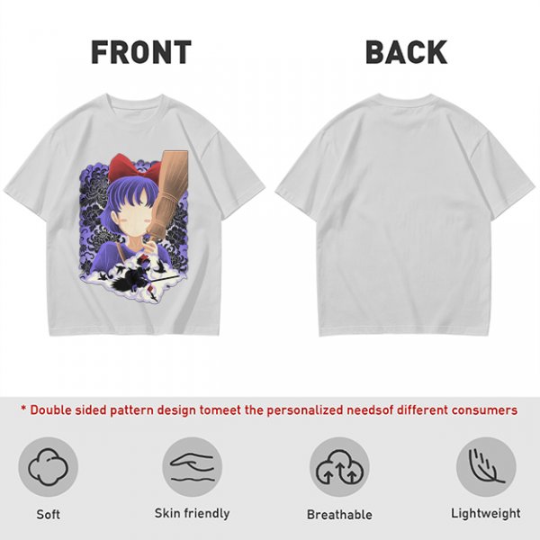 Olive T-Shirt With Witch Anime Girl and Cat Silhouette Print