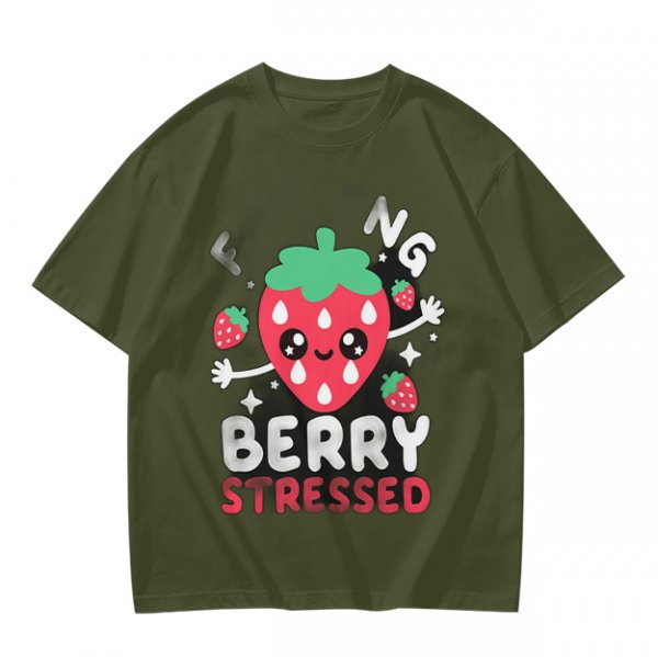 Olive graphic t-shirt with crying strawberry and 'berry stressed' text