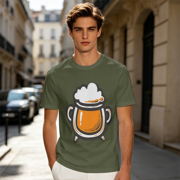 Olive Green T-Shirt With Stylized Beer Mug Graphic Print