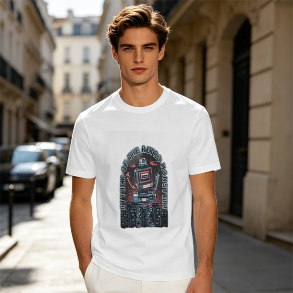 Olive green t-shirt with retro robot monster city attack graphic