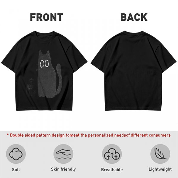 Oversized Olive T-Shirt With Cute Black Cat Graphic Print
