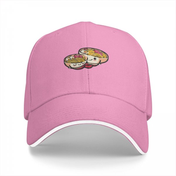 Black baseball cap with cute kawaii ramen bowls graphic
