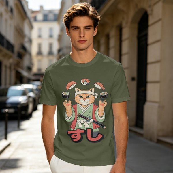 Olive T-Shirt With Cat Sushi Chef Juggling Sushi Print