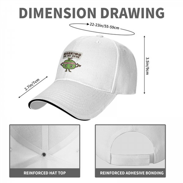Black baseball cap with 'Working On My Core' fitness apple graphic