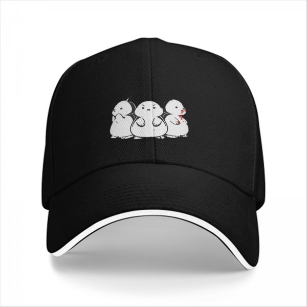 Black baseball cap with three stylized hamster graphic print