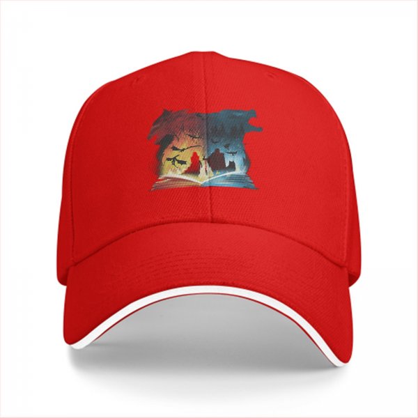 Black baseball cap with fantasy dragon and wolf open book graphic