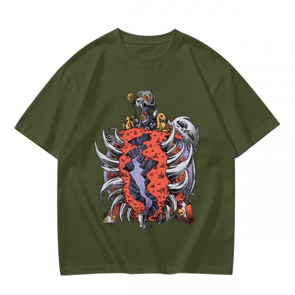 Olive T-Shirt with Dark Fantasy Monster Skeleton Art Print