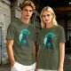 Olive T-Shirt With Glowing Teal Mushroom Creature And Moon Print