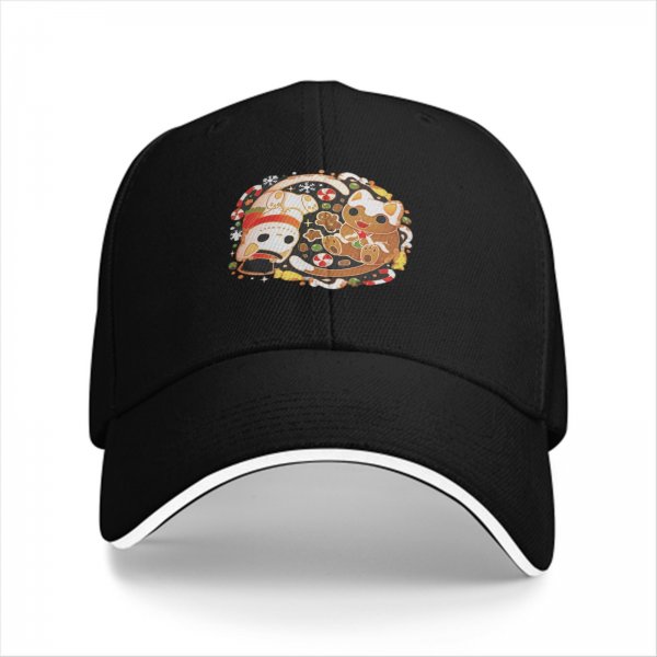 Black baseball cap with cute Christmas cat gingerbread print