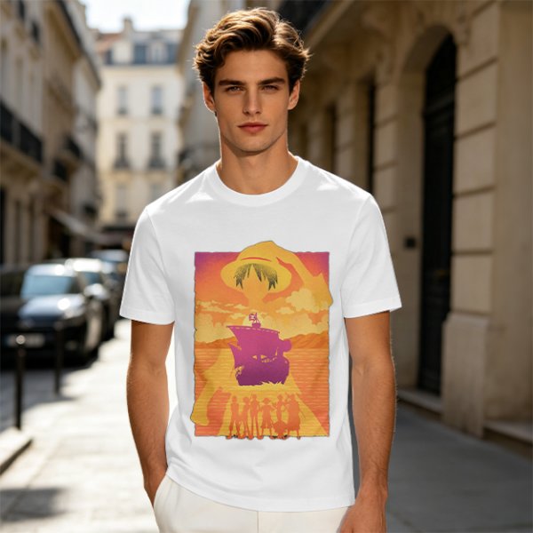 One Piece Straw Hat Crew Sunset Pirate Ship Graphic T-Shirt