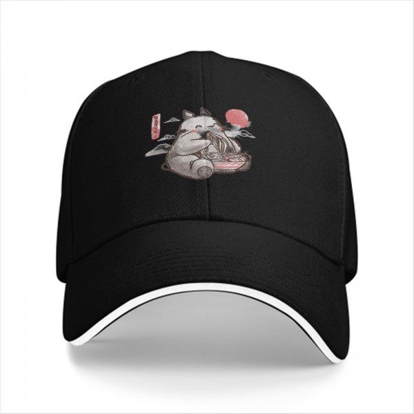 Black baseball cap with cute fox eating ramen sun and cloud design