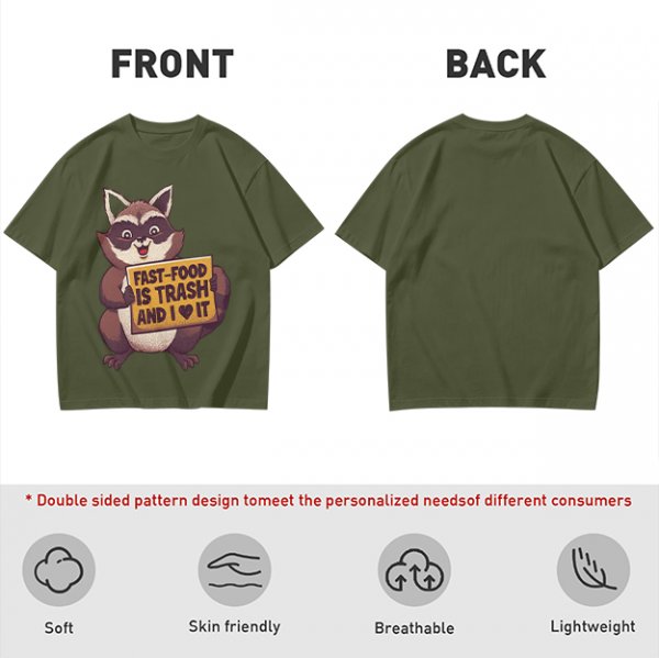 Olive t-shirt with a raccoon holding a fast food trash sign