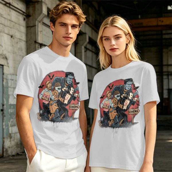 Olive T-Shirt with Classic Horror Monsters Going to Cinema Print