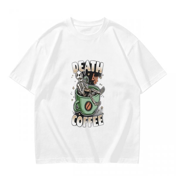 Oversized Army Green T-Shirt With 'Death By Coffee' Skeleton Print