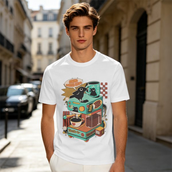 Strong Coffee Club Crow Espresso Machine T-Shirt Art