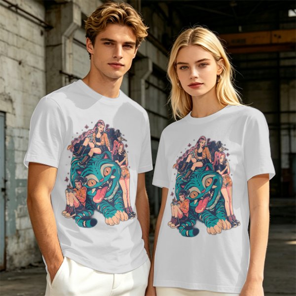 Olive T-Shirt With Girls On A Teal Tiger Graphic Print