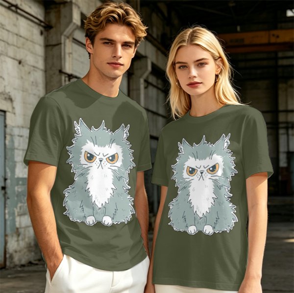 Olive T-shirt with Grumpy Fluffy Gray Cat Graphic Print
