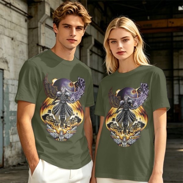 Olive T-shirt with dark fantasy winged warrior graphic print