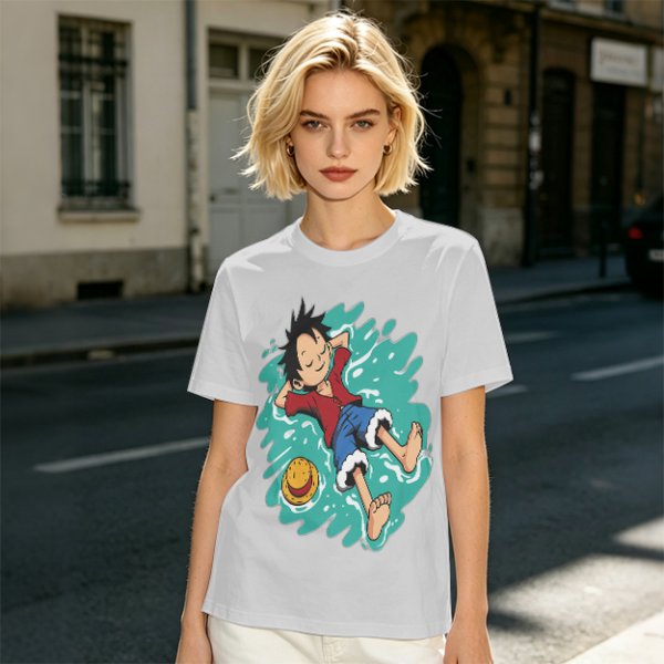 Olive anime t-shirt with Luffy relaxing in water print