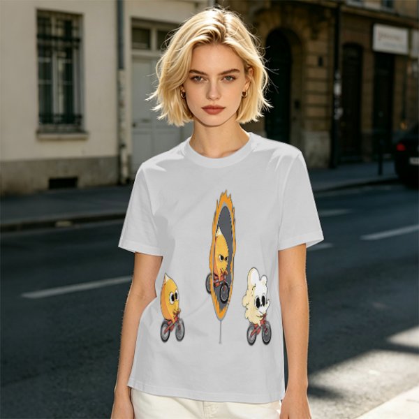 Olive T-Shirt With Cartoon Characters Riding Bikes Through Portal