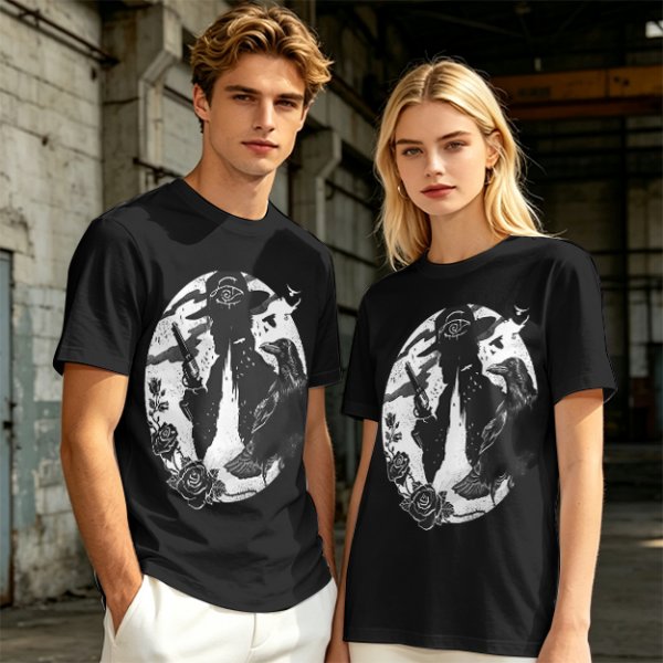 Olive T-Shirt With Western Gunslinger Crow And Roses Graphic