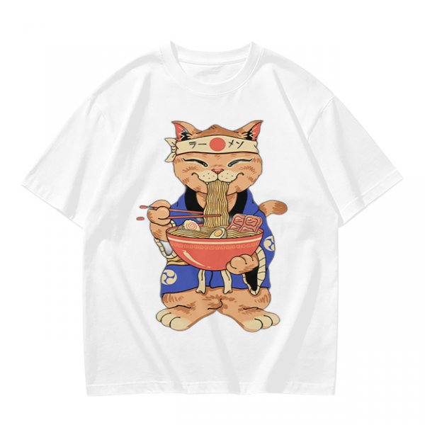 Olive T-Shirt Featuring a Cat in a Headband Eating Ramen