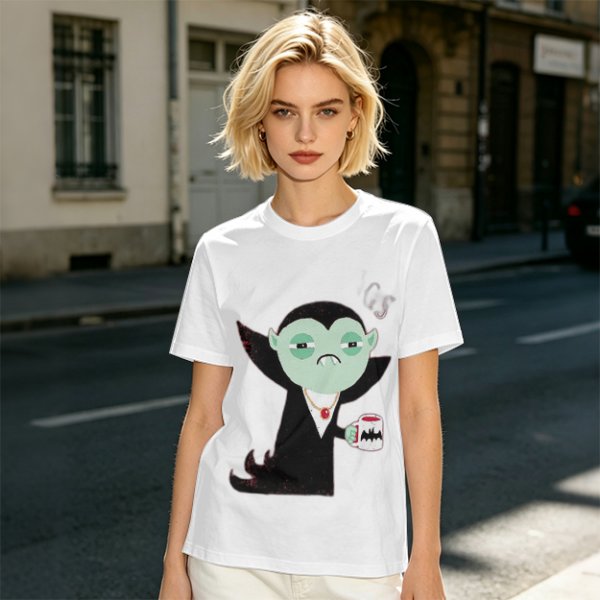 Olive T-Shirt With Tired Vampire Holding Bat Mug Graphic