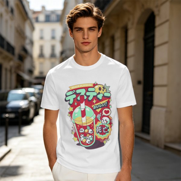 Olive t-shirt with spooky skull bubble tea graphic and Japanese text