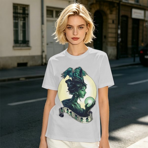 Olive Witch Graphic T-Shirt With Winged Monkey And Crystal Ball