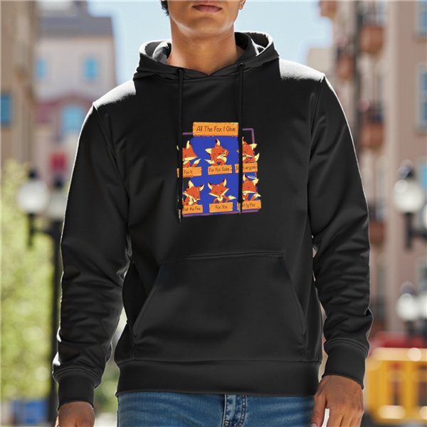 Black hoodie with funny fox pun graphic design